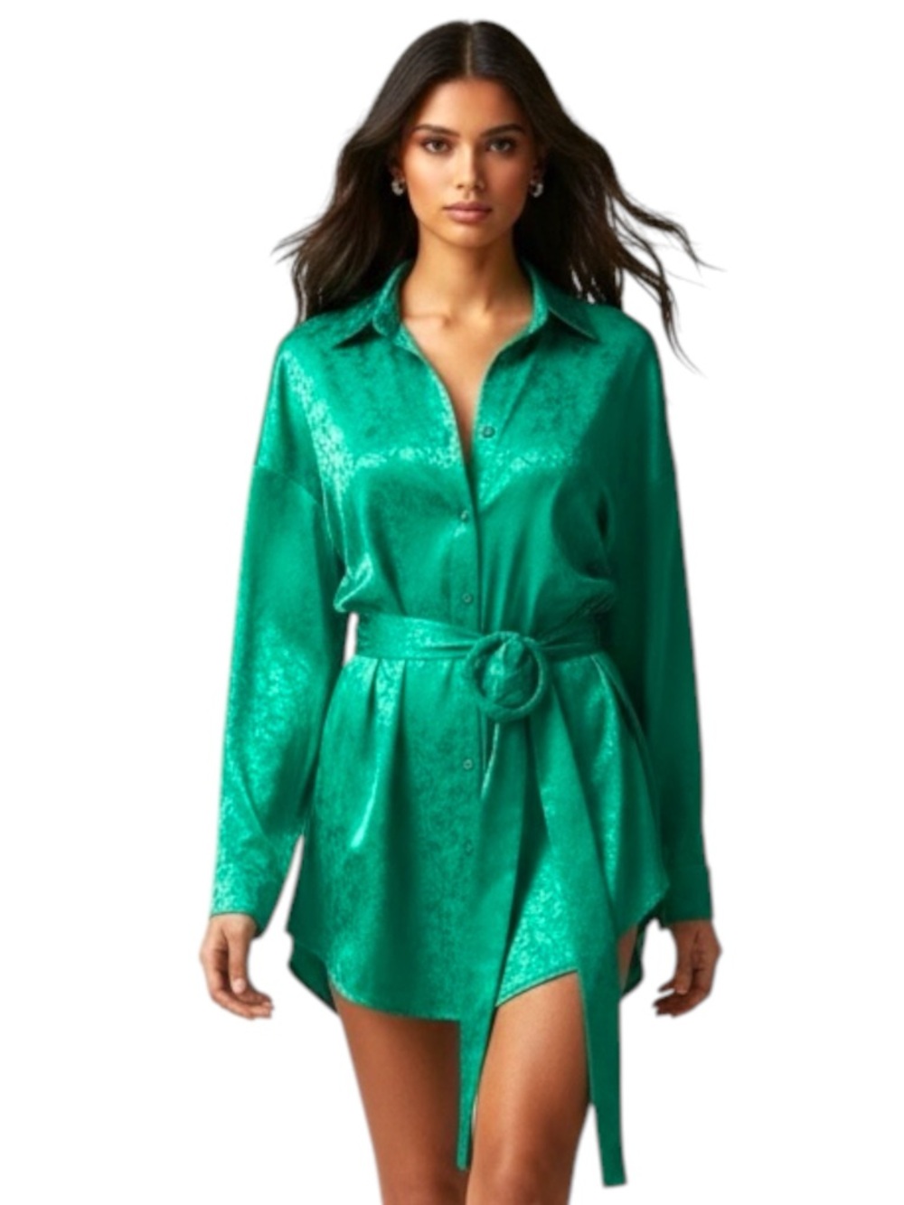 Emerald Satin Shirtdress with Belt